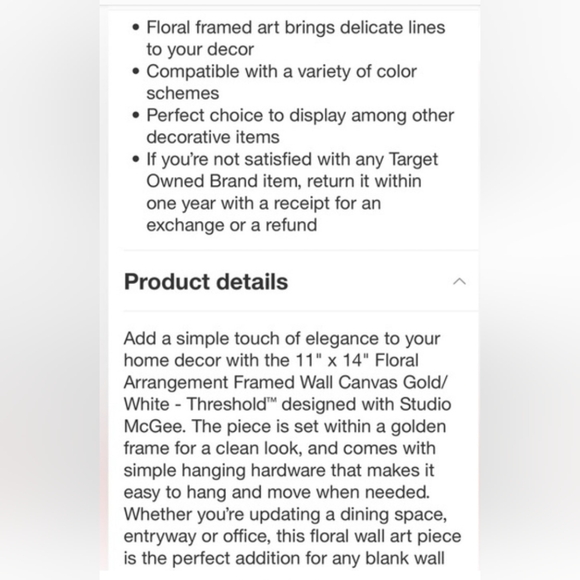 STUDIO MCGEE Gold Frame with Green & White Floral Art ON CANVAS! NWOT! GORGEOUS - Picture 3 of 3